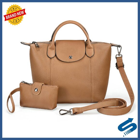 Genuine Leather Shoulder Bag with Detachable Coin Purse & Adjustable Strap